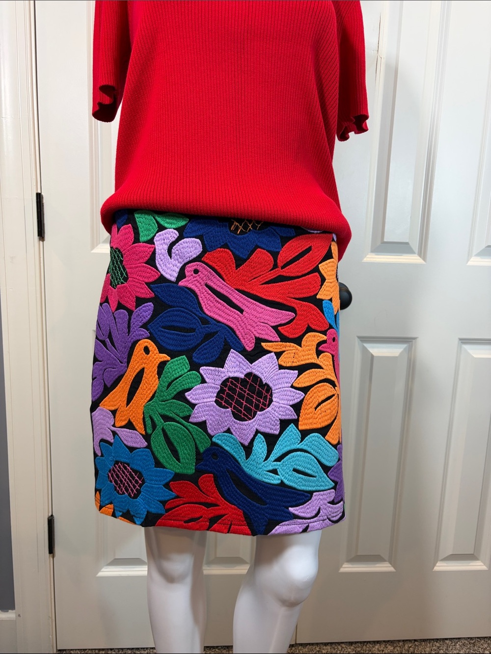 Colorful Embroidered Floral A-Line Skirt - Multicolor